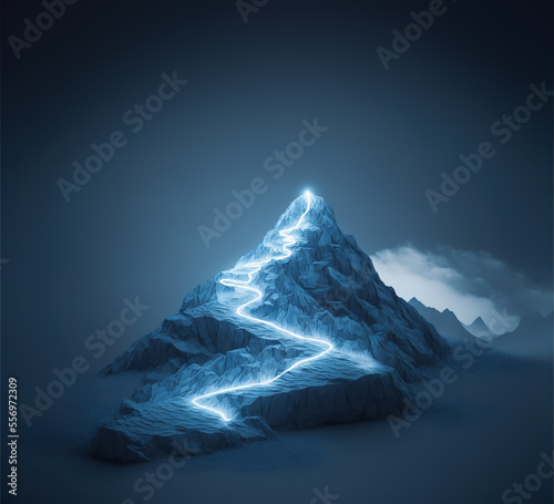Fururistic mountain with glowing path to the top, Generative AI illustration