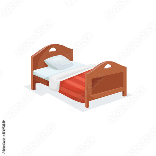Single bed with wooden headboard cartoon vector illustration. Furniture for sleep with blankets, colored bed linen and pillows isolated on white background. Interior concept.