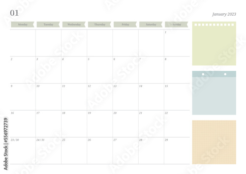 January 2023 simple design digital and printable calendar template illustration. Notes, scheduler, diary, calendar, memo, planner document template background. 