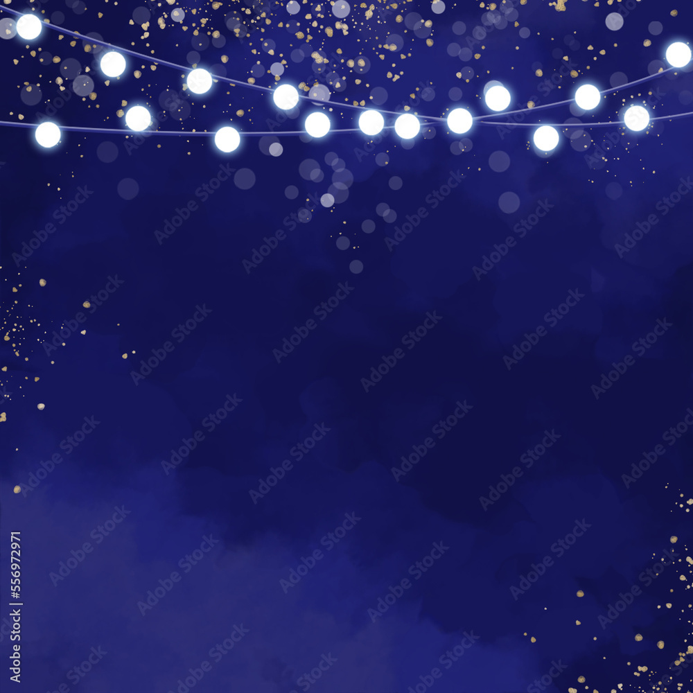 Obraz premium dark blue navy watercolor background with gold sparkle and hanging light bulbs. social media post banner for festive celebration, new years eve, birthday content