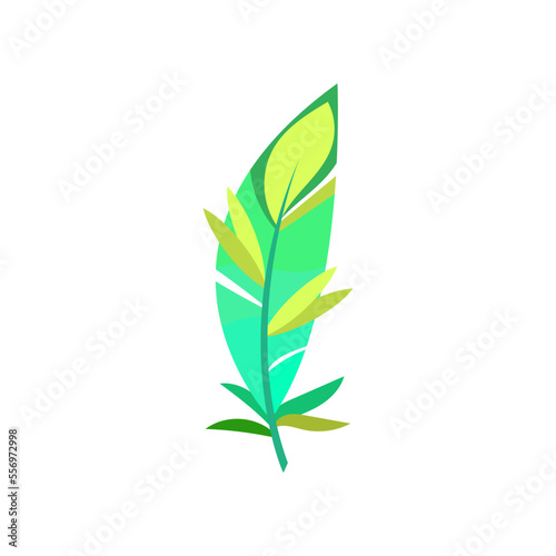 Cute green bird feather cartoon illustration. Graphic bright quill with abstract pattern for web design isolated on white background. Plumage concept.