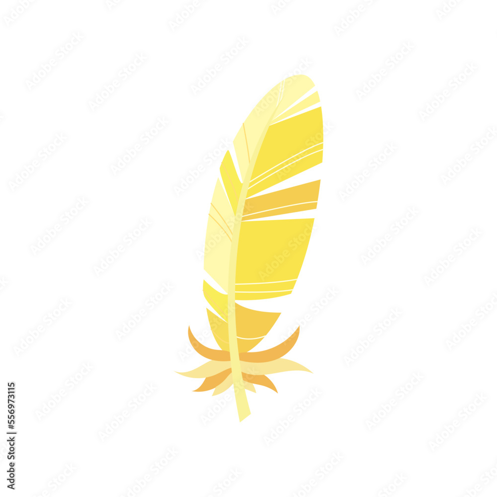 Yellow bird feather cartoon illustration. Graphic bright quill with abstract pattern for web design isolated on white background. Plumage concept. Yellow bird feather cartoon illustration. Graphic bright quill with abstract pattern for web design isolated on white background. Plumage concept.