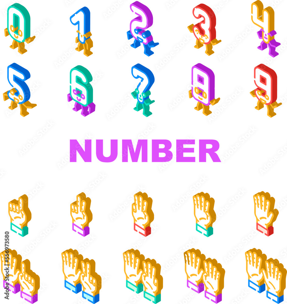 Fototapeta premium number character cute icons set vector. font funny, school design, fun one, alphabet letter, typography three, education number character cute isometric sign illustrations