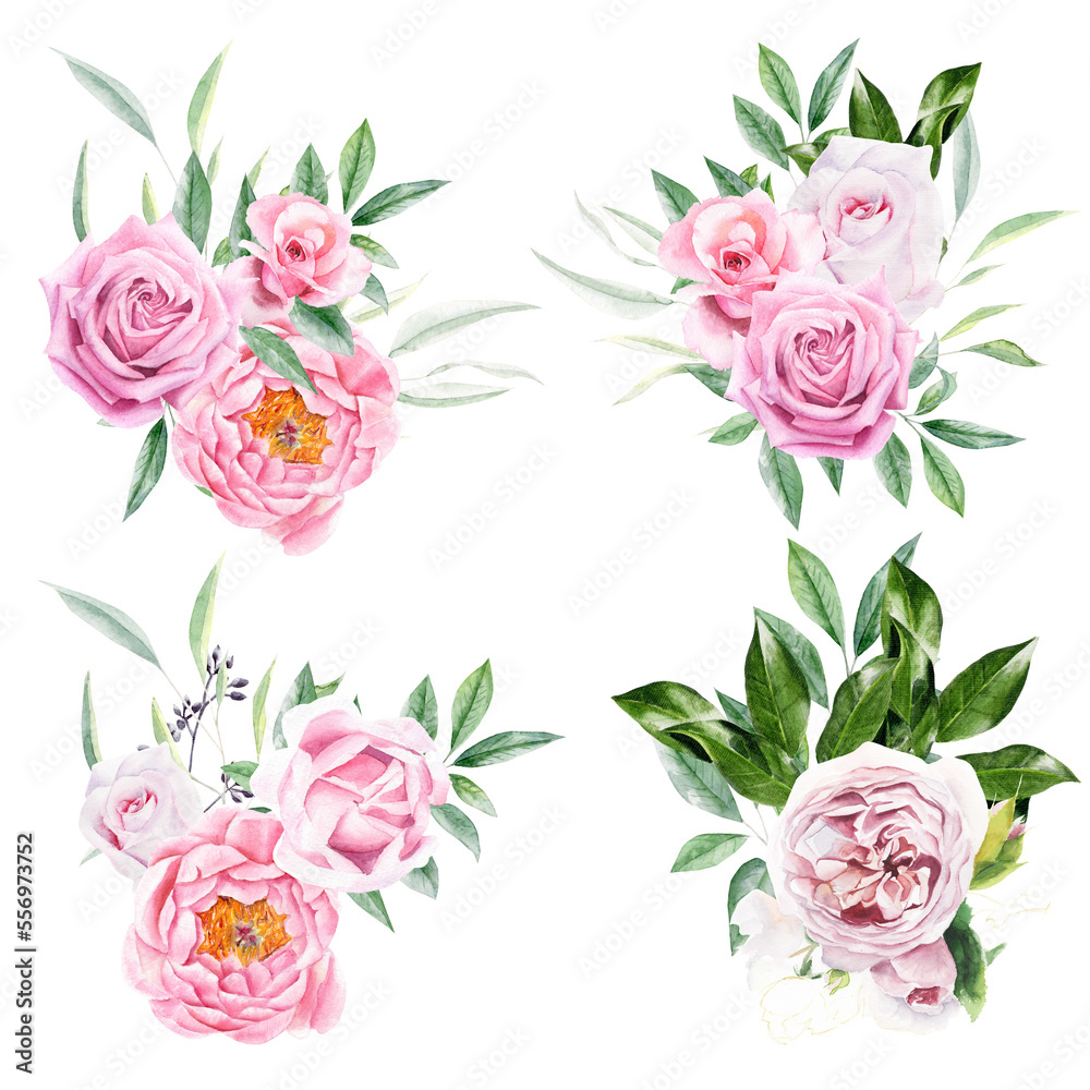 Hand draw watercolor arrangements with pink roses, peonies and green leaves