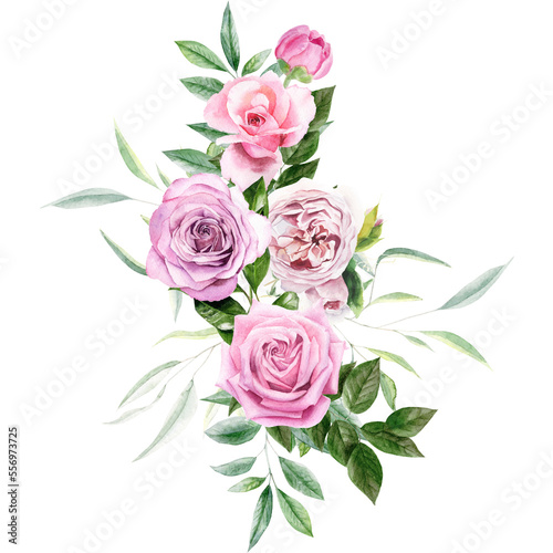 Hand draw watercolor arrangement with pink roses and eucalyptus © MyLittleMeow