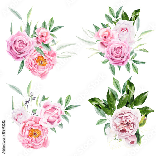 Hand draw watercolor arrangements with pink roses  peonies and green leaves