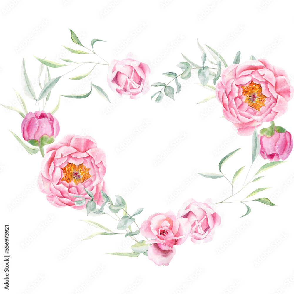 Watercolor heart frame with pink peonies and green leaves