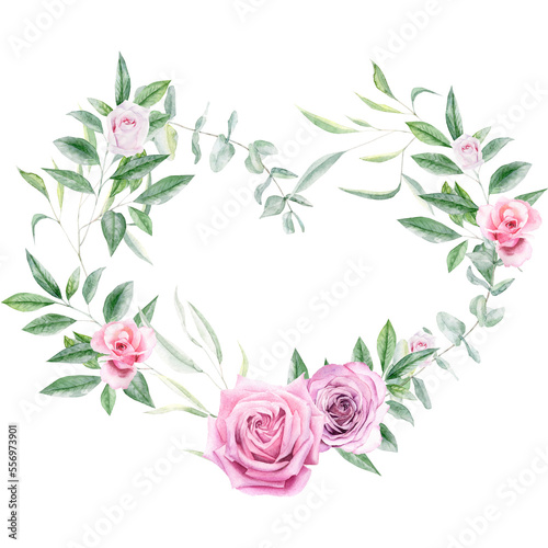 Watercolor heart frame with pink roses and green leaves