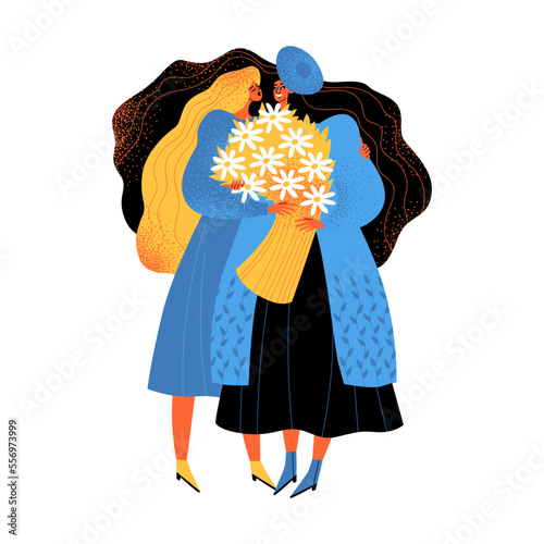 Hugging girls with a large bouquet of daisies. Cute isolated characters