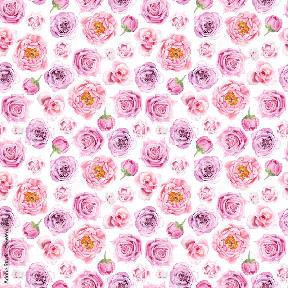 Watercolor seamless pattern with pink rose and peony flowers