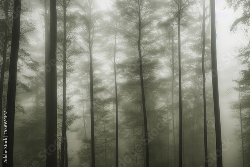 Generative AI forest with large trees, fog in the background, autumn scene.