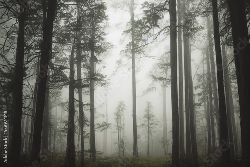 Generative AI forest with large trees  fog in the background  autumn scene.