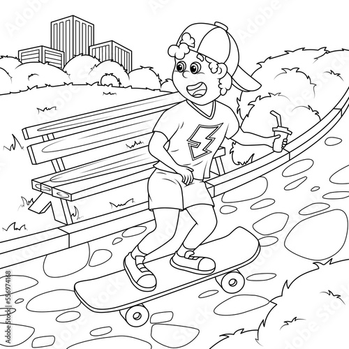The boy is riding a skateboard in the park. Coloring book for children. Vector illustration