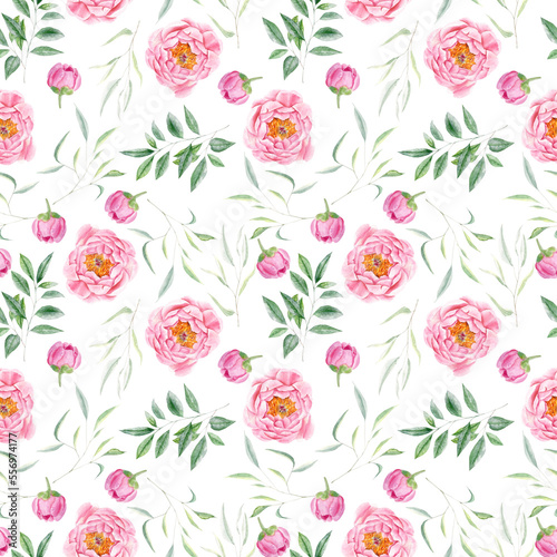 Watercolor seamless pattern with pink peonies and green leaves