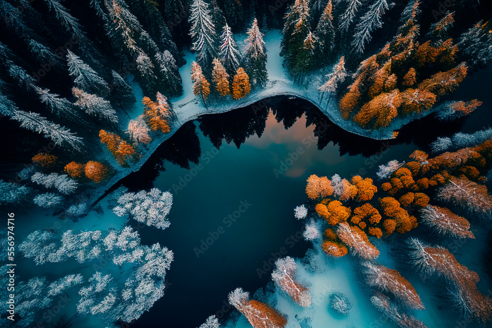 Drone view of winter landscape with pine forest covered with snow and mountain lake. Snowy fir tree in beauty nature scenery from above. Christmas and new year greeting card background. - obrazy, fototapety, plakaty 