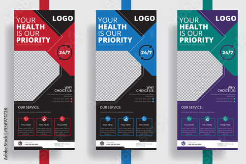 Medical Rollup banner template design, presentation For customers, and service providers, Your health is our priority roll up banner template design, X banner design, corporate business marketing ads.