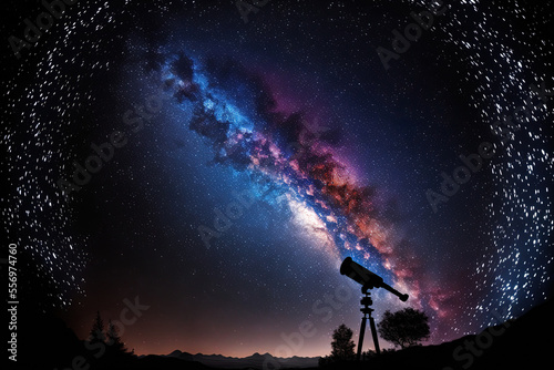 a shadow of a telescope in the night sky seeing the Milky Way galaxy. Generative AI