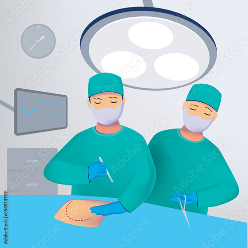 Surgeon and assistant at the operating table. Operating room with monitor and lamp. Medical vector illustration
