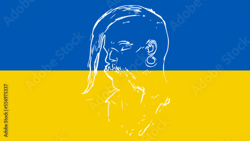 On a yellow-blue background (against the background of the flag of independent Ukraine), an abstract image of a Ukrainian Cossack (Ukrainian warrior), in vector. photo