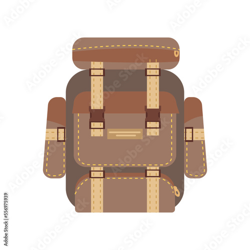 Large camping backpack with pockets cartoon illustration. Colorful knapsack for journey, trip, adventure and traveling isolated on white background. Luggage, carryon concept