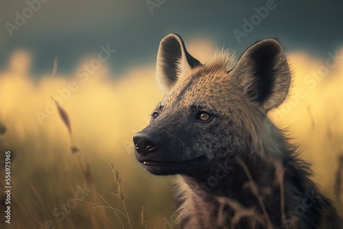 Canvastavla a midday closeup of a baby hyena on a grassy setting Generative AI
