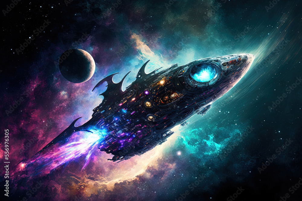 spaceship Digital artwork of an alien spaceship soaring through the universe with planets and stars while journeying across deep space. Generative AI