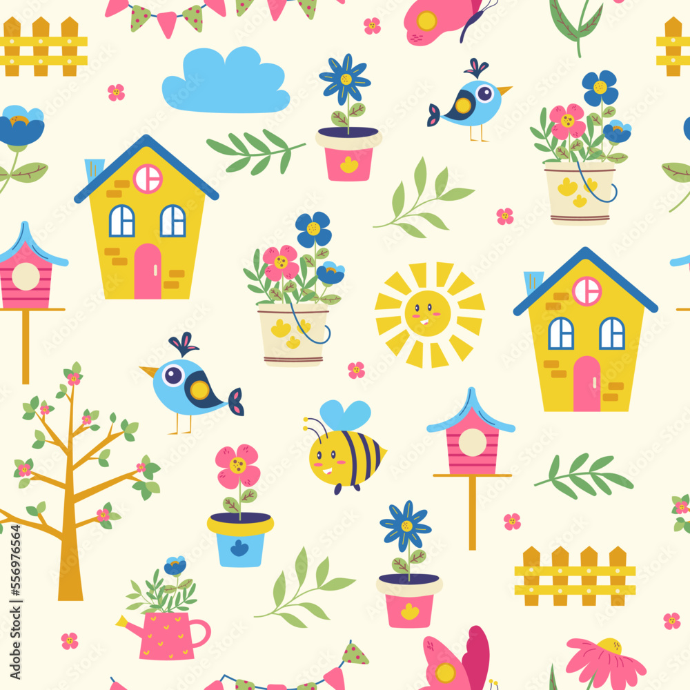 Seamless pattern of spring. Flowers, bee, butterfly, bird