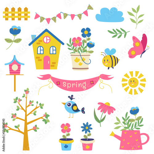 Collection of spring elements. Flowers, bee, butterfly, bird