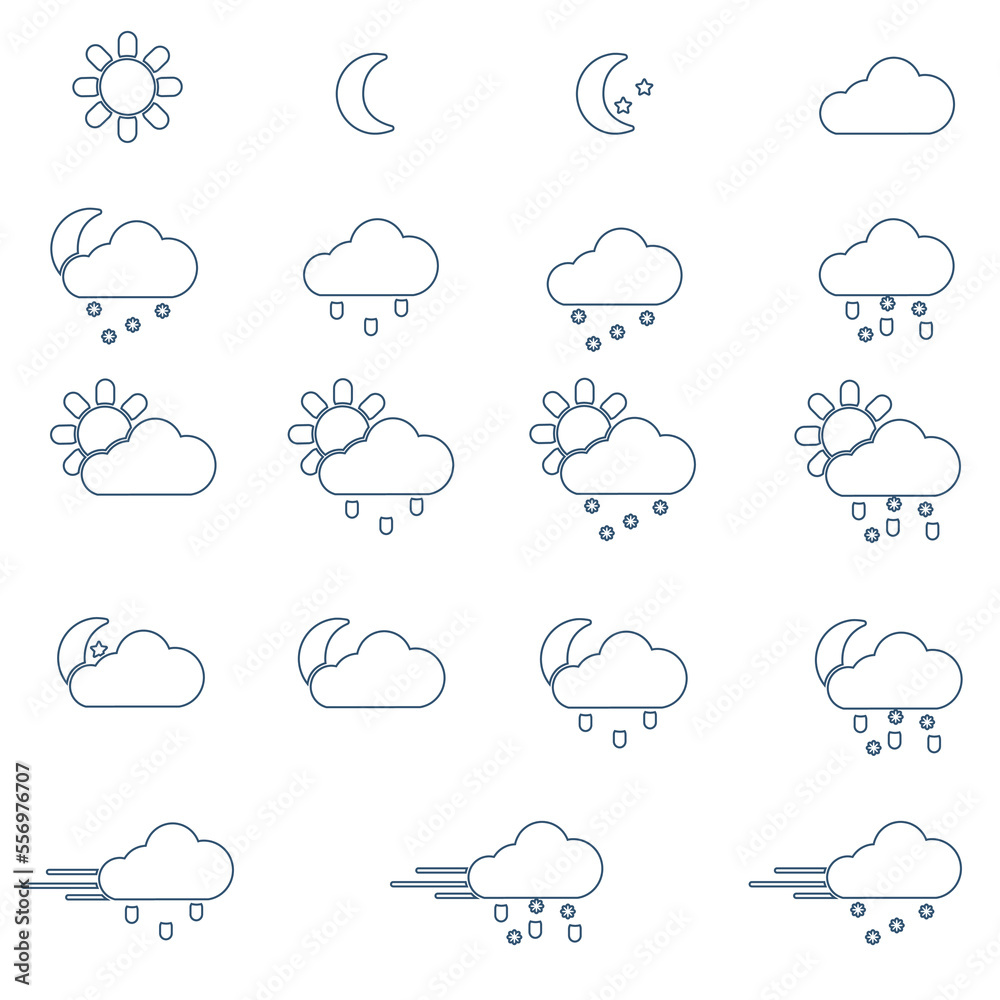 A set of contour blue icons on the theme of the weather, in vector. A set of contour blue icons on the theme of the weather, in vector.