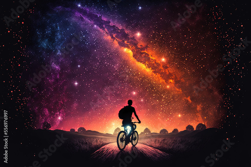 Male biker riding bicycle while admiring the stars in the night sky. Generative AI