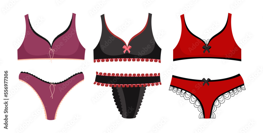 Female bras with panties vector illustrations set. Cartoon drawings of ...