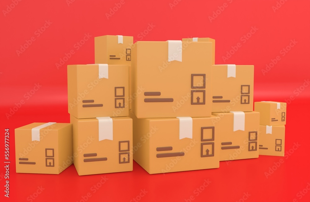 Fototapeta premium Pile of stacked cardboard box. delivery packages isolated. Minimal icon. 3d rendering.