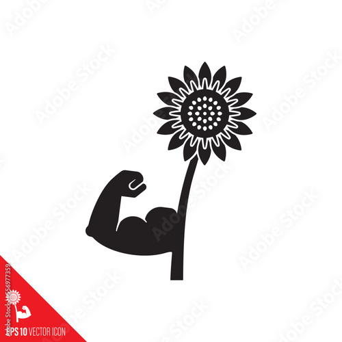 Sunflower flexing muscles vector glyph icon. Healthy plant-based nutrition symbol.