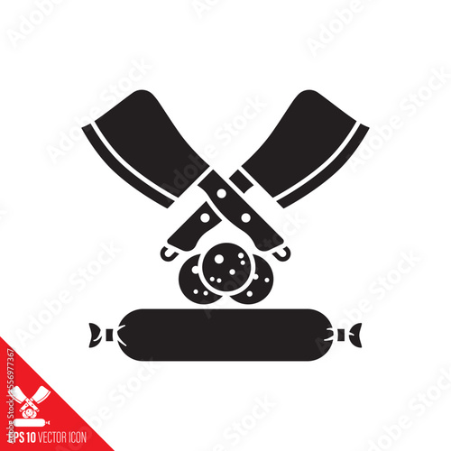 Chopping board, butcher knives and sausage vector icon. Meat glyph symbol.