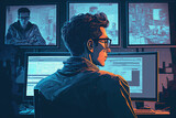 19032021 vinnitsa ukraine portrait of a trendy man wearing glasses using computers in an office setting. The image was captured from behind the monitors he is using. Generative AI