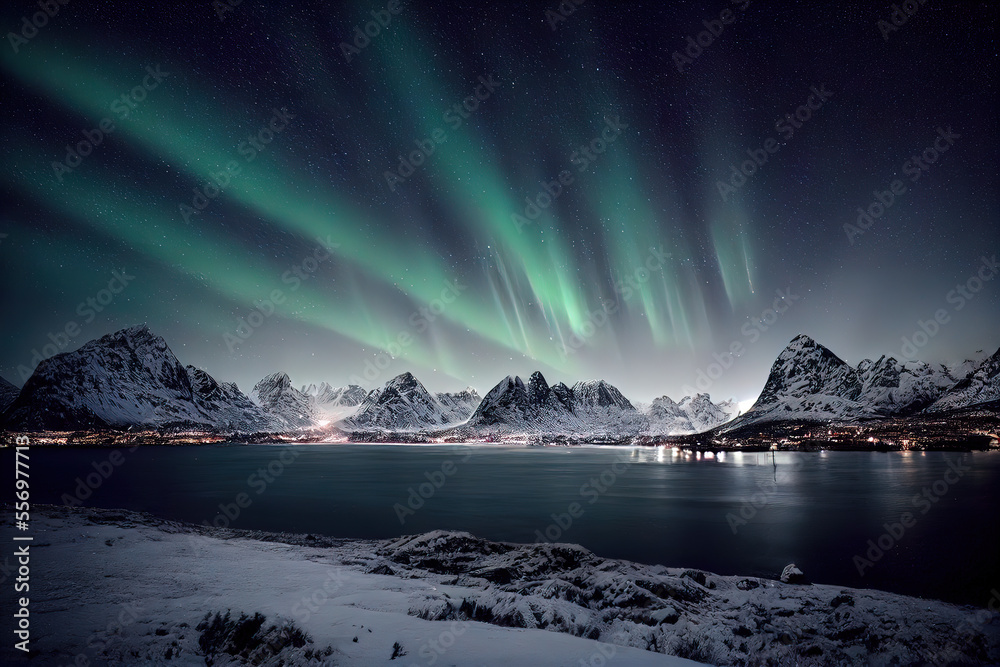 Aurora borealis above the nordic town