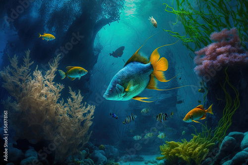 Tropical vegetation and colorful exotic fish float in a deep blue aquarium. Generative AI
