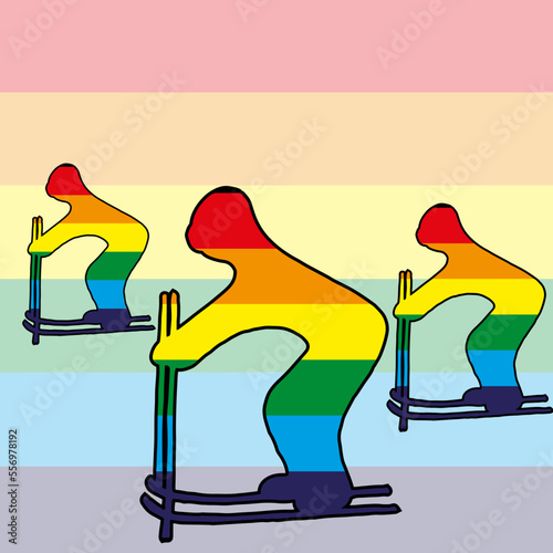 Silhouette of a person on skis against the background of the LGBT flag. Non-binary personalities in sports concept. Transgender people in cross-country skiing. 