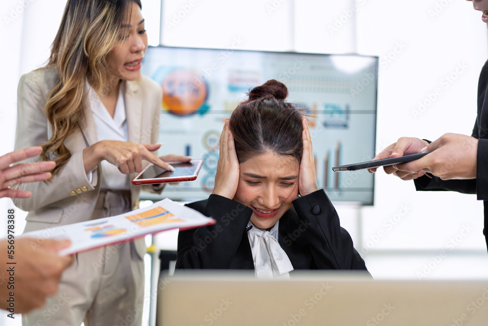 Fototapeta premium Stressed overwhelmed business worker feels tired at work overload exhausted suffering from headache