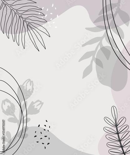 Design template with place for text, flowing shapes, contours of tropical palm leaves in a simple modern style. backgrounds and frames for wedding invitations, social media wallpapers, stationery