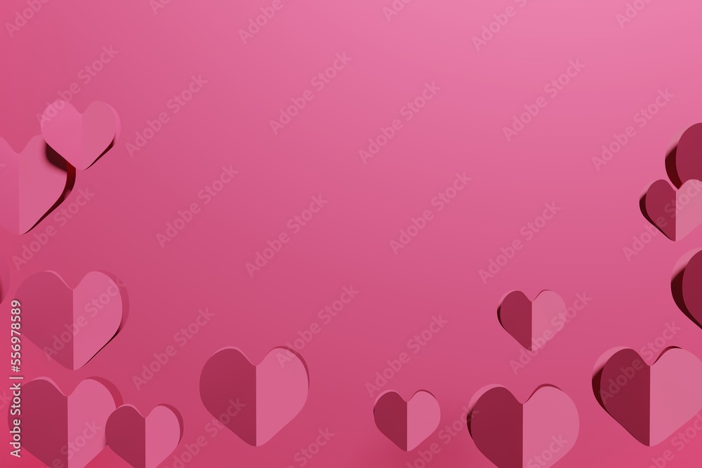 3d render of flying paper hearts on a magenta pink background