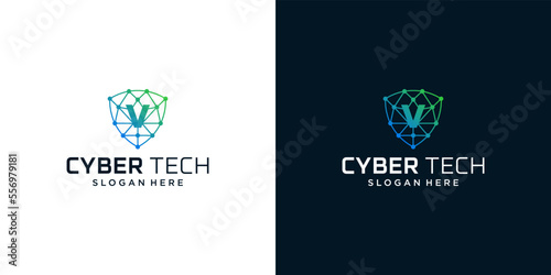 Cyber tech logo design template with initial letter V graphic design vector illustration. Symbol for tech, security, internet, system, Artificial Intelligence and computer.