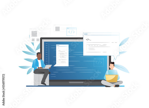 Guys, men work in team on laptops, write code, scripts, design, create new website, fix bugs, test. Programmers develop an application, software. Seo project optimization on Internet. Start up.