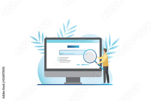 Vector man with large magnifying glass searches for information given in search engine, enters request into address bar in browser. Internet surfing in computer. Guy is looking on website, page.