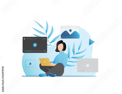 Woman in laptop spends her free time watching videos, movies, TV series, clips on website, web page on Internet. Girl on social networks looks at pictures, photos. Play button. Distance learning.