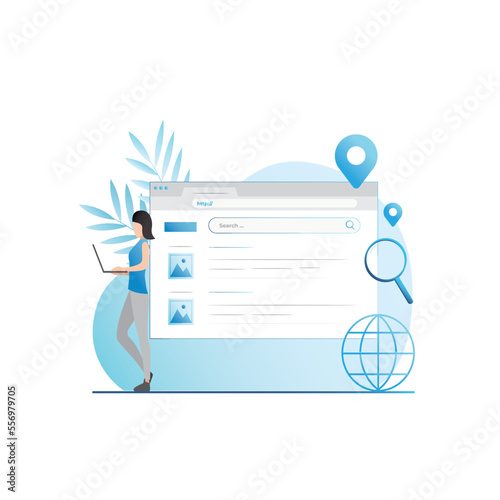 Vector girl with laptop, magnifying glass, looks through information, data in search engine on website, pages. Woman enters search query into address bar in browser window. Internet surfing.