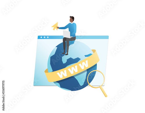 Vector man with laptop and arrow cursor in hand sits on globe, planets. Internet surfing on web sites, pages. Guy with magnifying glass is typing search term into browser. Search query www on net.