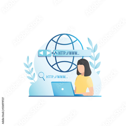 Vector woman types, enters search query, data, site name into address bar in laptop. Girl with magnifying glass searches, views information on web sites, pages in browser. Internet surfing.