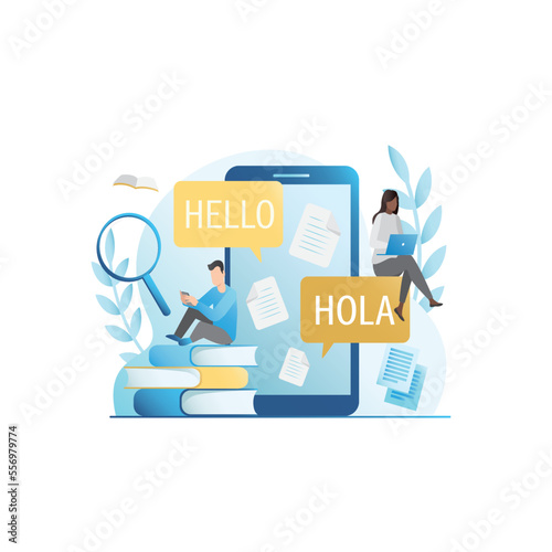 Vector people, students linguists learn, study foreign languages ​​in program to communicate with foreigners on Internet. Online word translator on website, distance learning in smartphone, laptop.