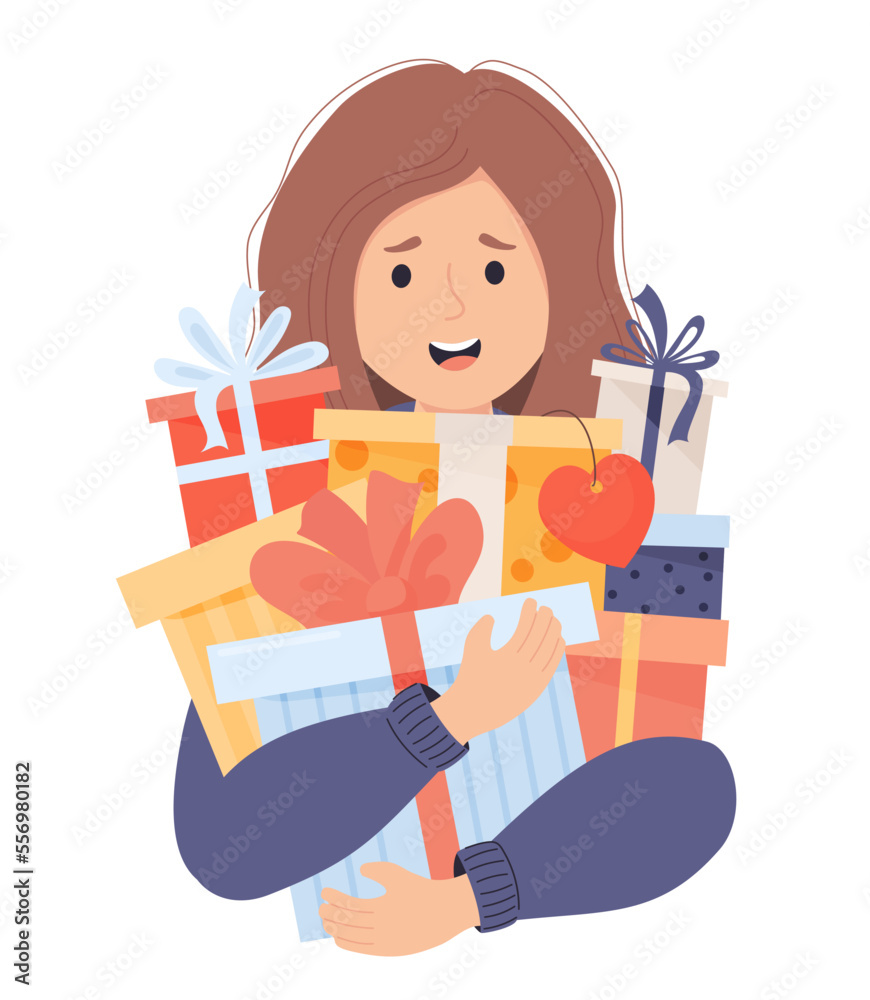 Happy woman holds many gifts and boxes with bows in her hands. Vector illustration in cartoon flat style. Female character for design of holiday themes, gifts and sales. Happy woman holds many gifts and boxes with bows in her hands. Vector illustration in cartoon flat style. Female character for design of holiday themes, gifts and sales.